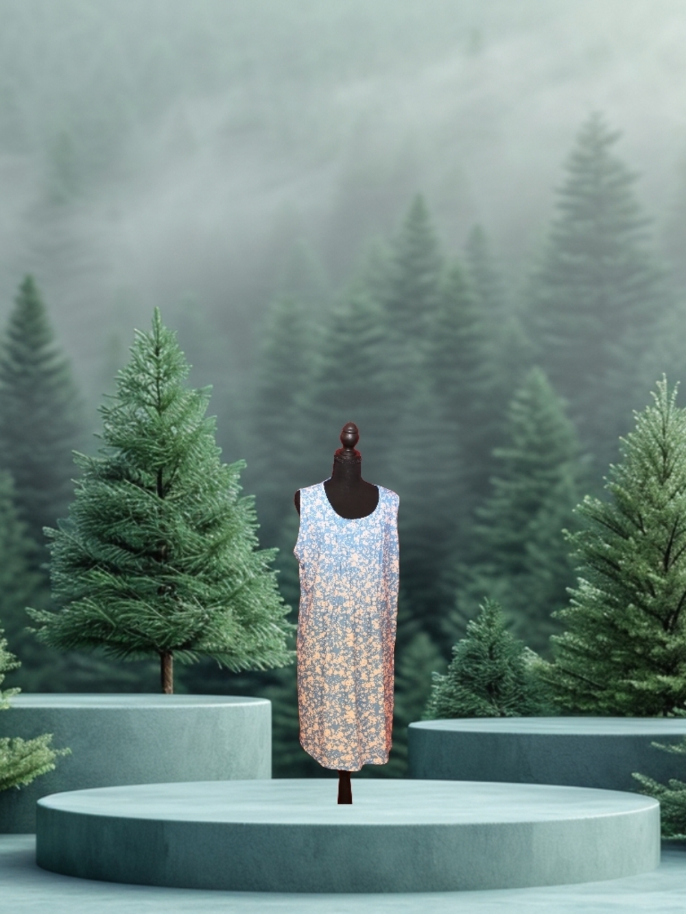 Sleeveless Floral Midi Dress in Light Blue and Cream by